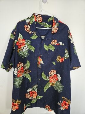 George Men's 2XL Tropical Floral Hawaiian Shirt Navy Blue Short Sleeve Relaxed🔥